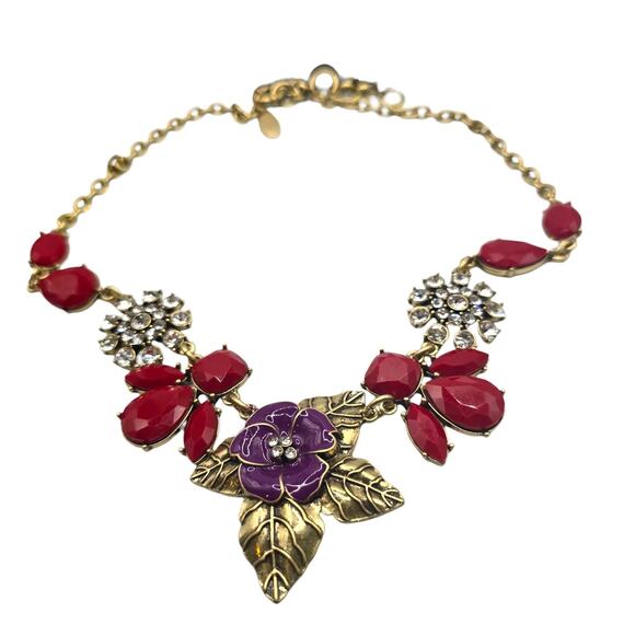 Floral Necklace The Delta Box Statement Red Purple Rhinestone Gold Tone Bib - Picture 5 of 9